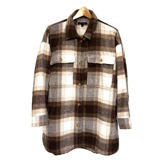 Banana Republic Tan Brown Plaid Oversized Wool Blend Shacket Jacket Sz L - Picture 1 of 11